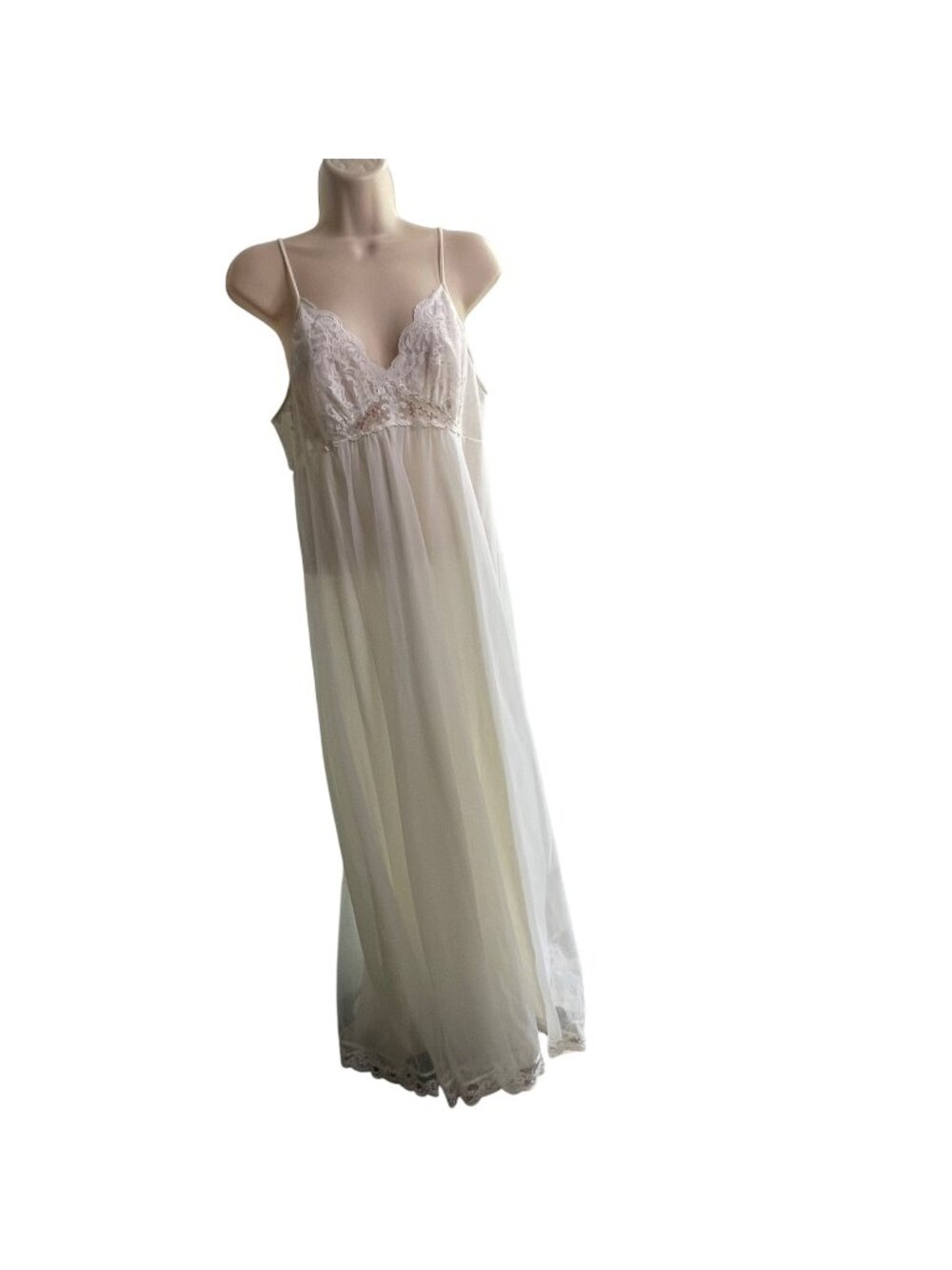 Vintage Shadowline Ivory Lace Sheer Nightgown Floral Accents Spaghetti Straps